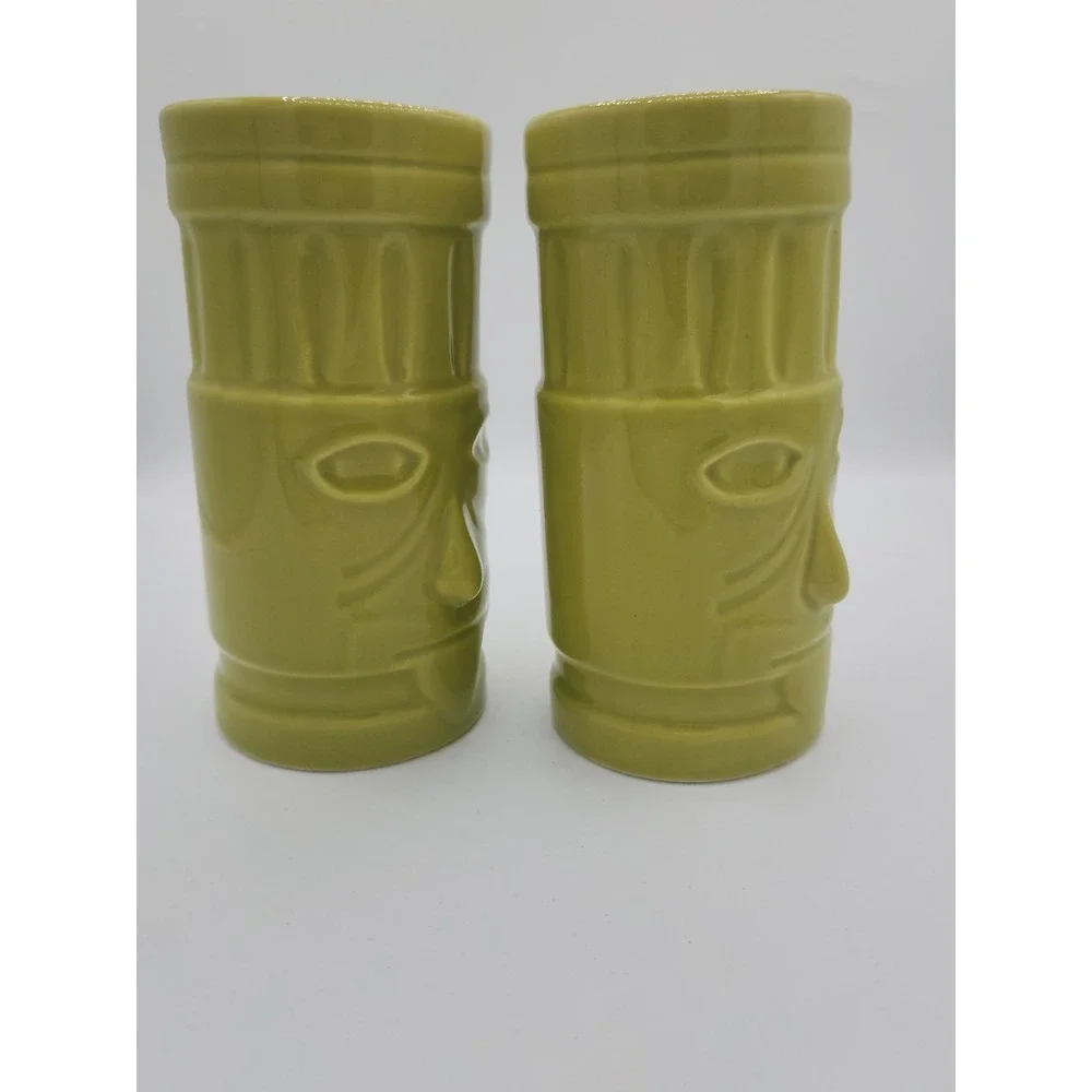 Pair Of Crate and‎ Barrel Lime Green Tiki Tall Hurricane Glasses by Jane Dixon